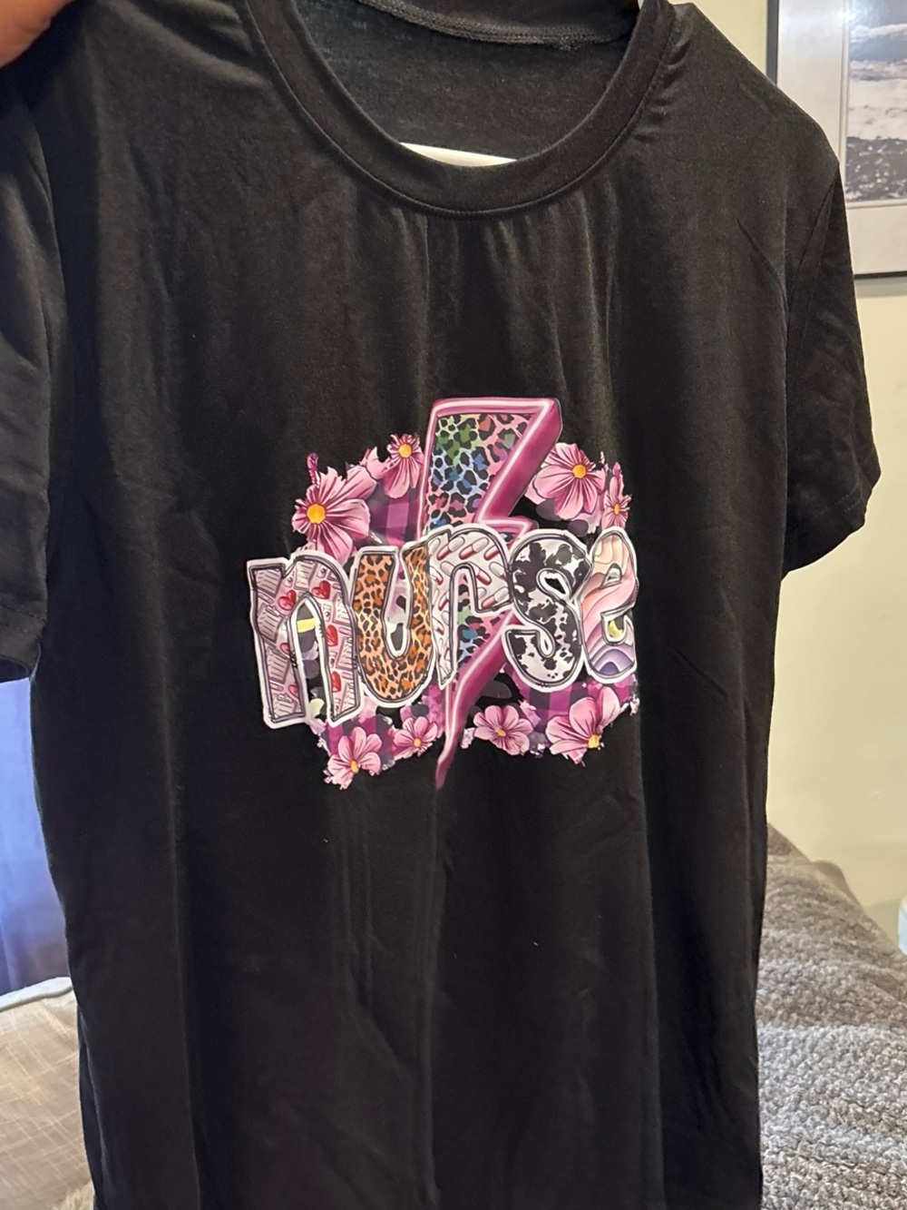SHEIN Black Graphic Tee with Pink Floral and Mixed Animal Print